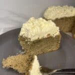 gluten and dairy free earl grey chiffon cake showing how spongy it is, topped with a sweet vanilla cream