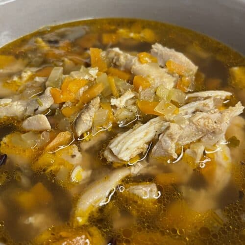 fresh chicken soup broth with chicken thighs, carrot, onion, celery, and chicken stock