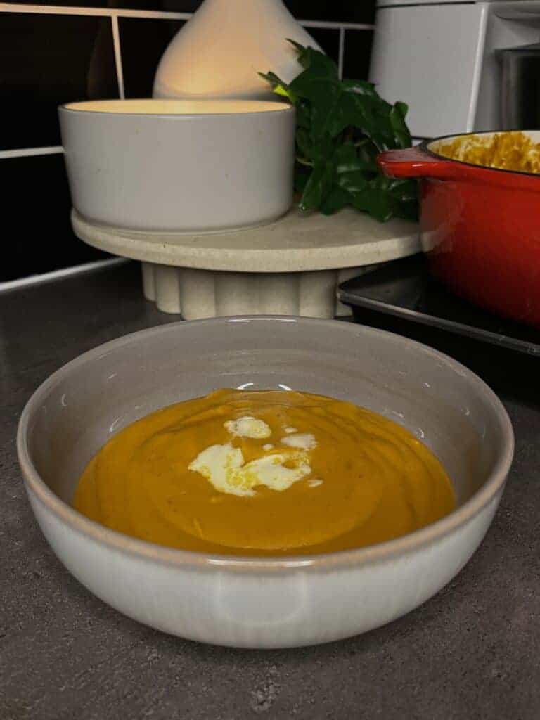 spiced lentil soup blended with carrot, onion, potato and topped with a splash of cream.