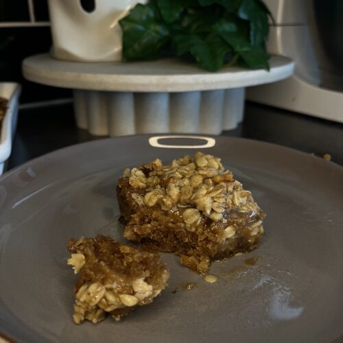 gluten free pumpkin coffee cake, with a walnut and oat crumble and a sugar glaze