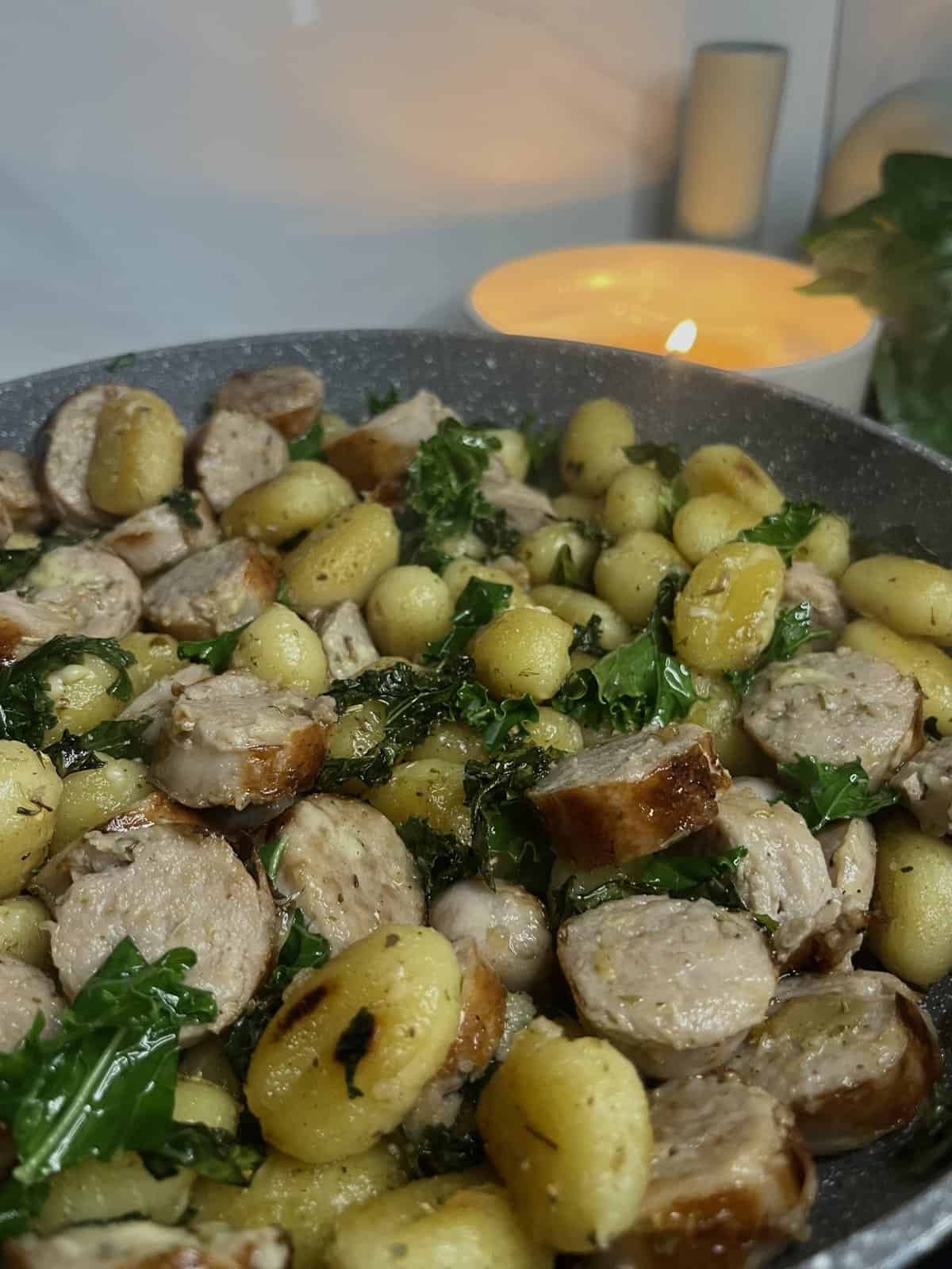 crispy gnocchi with pork sausage and kale in a one pan dish