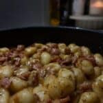 one pan brie and bacon gnocchi, still warm in hte pan