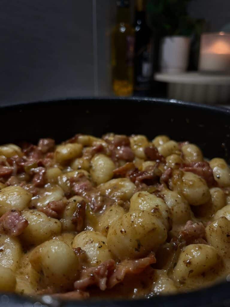 one pan brie and bacon gnocchi, still warm in hte pan