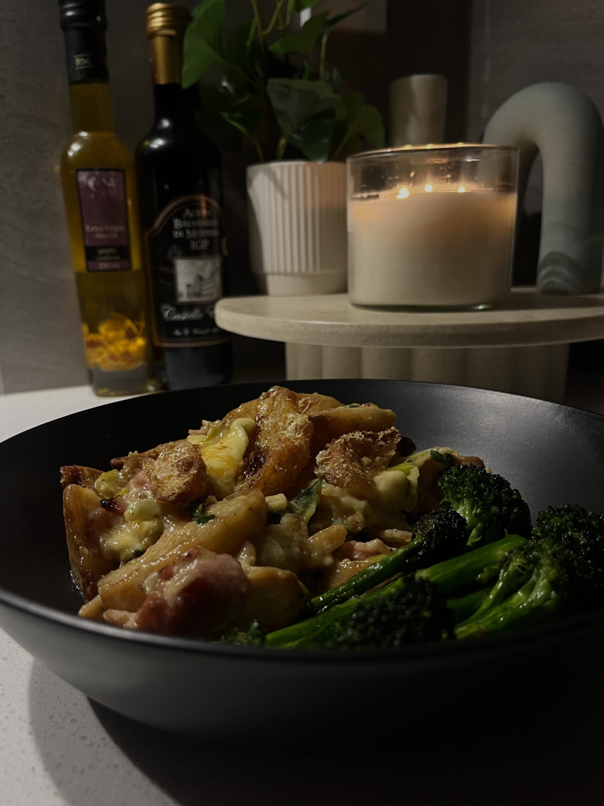 camembert bacon wedge bake with leek and kale, served with broccolini