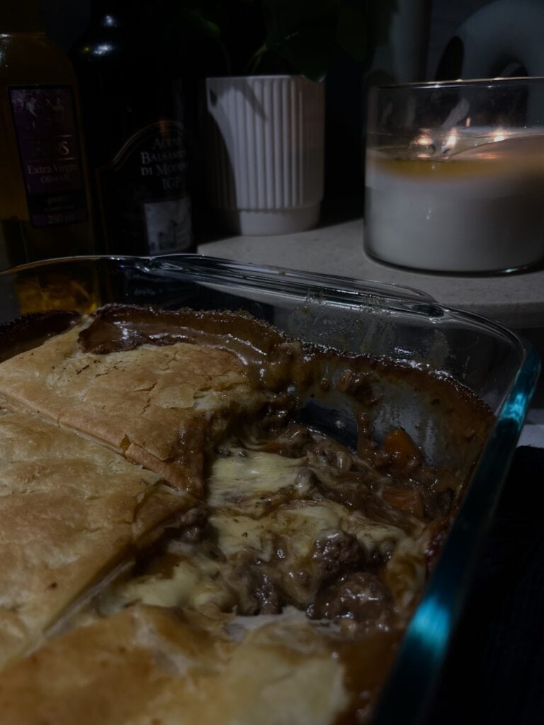 beef mince and cheese pie with flakey pastry