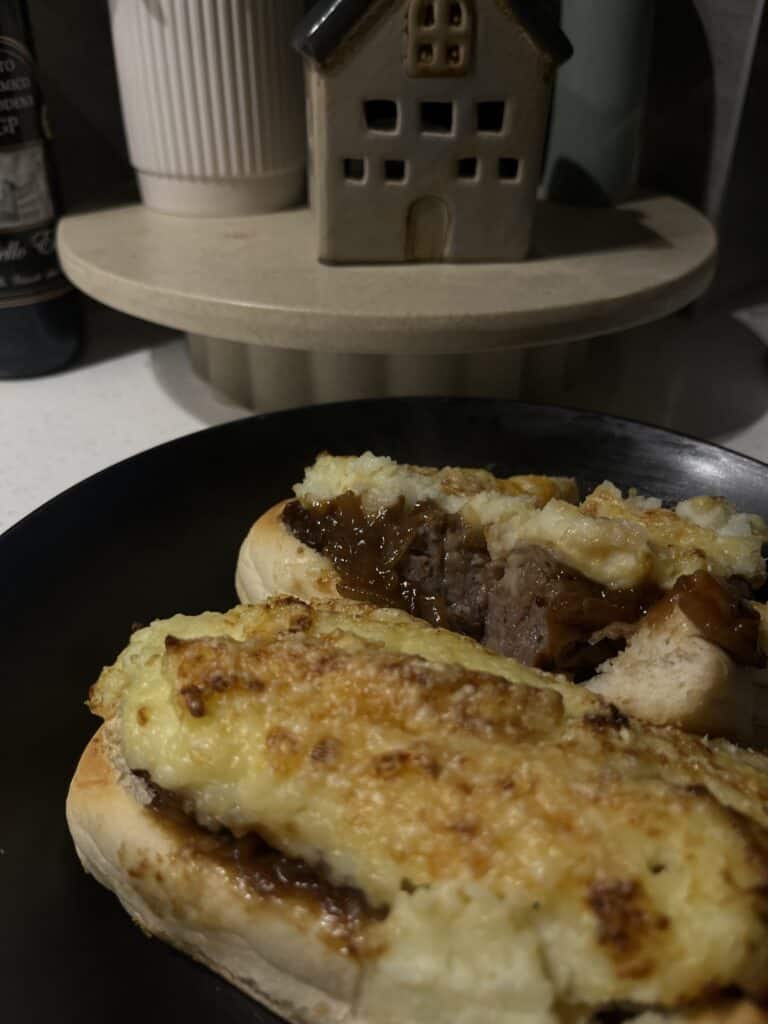 potato top sausage bread rolls, with onion gravy and cheese